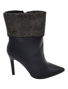 Malu Shoes Tronchetto stivaletto nero donna aderente a punta tacco sottile 12 alla caviglia risvolto con strass argento zip