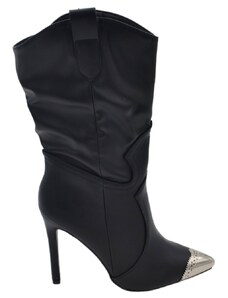 Malu Shoes Tronchetto stivaletto nero donna in ecopelle a punta tacco spillo 12 altezza al polpaccio morbido punta argento con zip