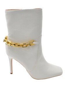 Malu Shoes Scarpe tronchetto punta donna con tacco alto sottile 12cm e plateau 1cm alla caviglia bianco zip laterale con catena oro