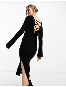 Miss Selfridge - Vestito lungo in maglia nera aderente con reticolo sul retro-Bianco