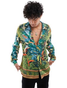 ASOS DESIGN - Camicia comoda con colletto con rever e stampa effetto acquerello-Verde