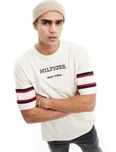 Tommy Hilfiger - T-shirt color crema con design colorblock sulle maniche e scritta del logo-Bianco