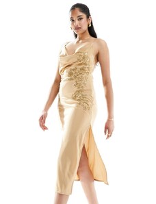 Starlet - Vestito lungo in raso color oro con decorazioni e allacciatura sulla schiena