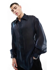 ASOS DESIGN - Camicia oversize con manica a campana in organza in due tonalità blu-Nero