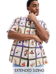 ASOS DESIGN - Camicia squadrata in lino con rever e stampa stile cartolina-Multicolore