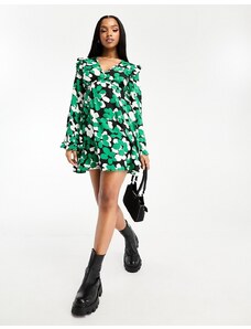 Wednesday's Girl - Vestito grembiule verde a fiori con maniche con volant