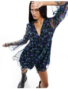 Wednesday's Girl - Vestito corto in rete blu a fiorellini con maniche svasate