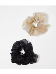 DesignB London - Confezione da 2 elastici per capelli in organza nero e oro-Multicolore