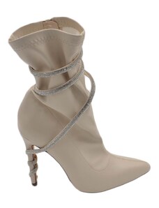 Malu Shoes Tronchetti donna a punta beige effetto calzino con tacco sottile 12cm cordoncino di strass avvolgente aderente zip