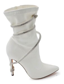 Malu Shoes Tronchetti donna a punta bianco effetto calzino con tacco sottile 12cm cordoncino di strass avvolgente aderente zip