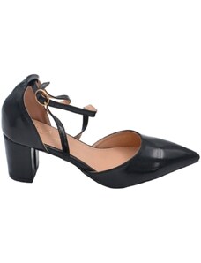 Malu Shoes Scarpa decollete' donna a punta satinato nero con tacco largo 3 cm basso cinturino incrociato caviglia stabile comodo