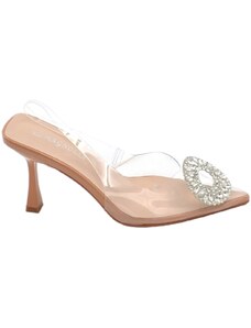 Malu Shoes Decollete scarpa donna a punta trasparente con spilla gioiello fiore brillantini argento tacco spillo 9 nude evento glam
