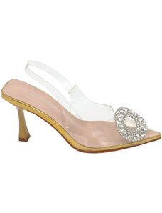 Malu Shoes Decollete scarpa donna a punta trasparente con spilla gioiello fiore brillantini argento tacco spillo 9 oro evento glam