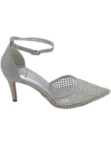 Malu Shoes Scarpe decollete donna elegante argento punta rete trasparente brillantini tacco 10 cm cinturino caviglia evento