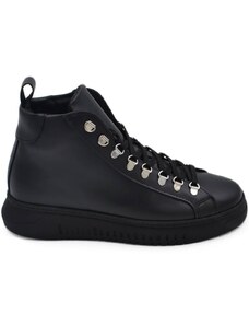 Malu Shoes Scarpa sneakers alta uopmo stivaletto nero in vera pelle nappa con ganci argento e fondy army nero alto comodo street