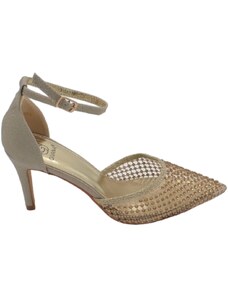 Malu Shoes Scarpe decollete donna elegante platino punta rete trasparente brillantini tacco 10 cm cinturino alla caviglia evento