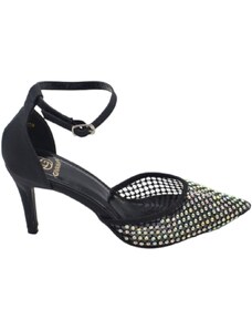 Malu Shoes Scarpe decollete donna elegante nero punta rete trasparente brillantini argento tacco 10 cm cinturino caviglia evento