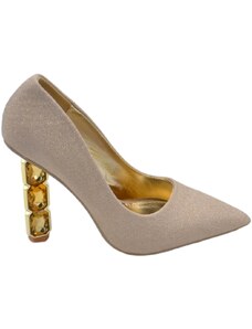 Malu Shoes Decollete a punta donna scarpa elegante glitter champagne oro platino con tacco gioiello triangolare 10 cm