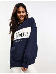 Miss Selfridge - Felpa oversize da sci blu navy con scritta "St Moritz"