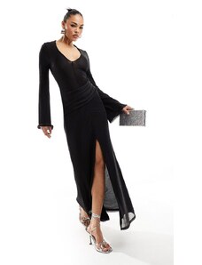 ASOS DESIGN - Vestito lungo nero in maglia metallizzata trasparente con scollo profondo e maniche a pipistrello