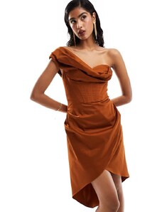 ASOS DESIGN - Vestito corto drappeggiato a corsetto con spalla scesa color ruggine-Marrone