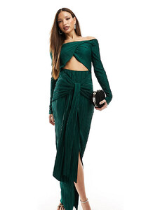 ASOS Tall ASOS DESIGN Tall - Vestito midi plissé color verde bosco con scollo alla Bardot incrociato sul davanti