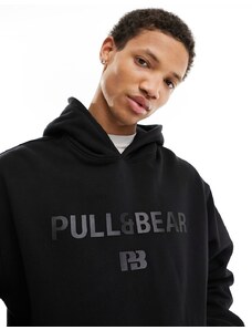 Pull&Bear - Felpa nera con cappuccio e stampa tono su tono-Nero
