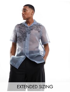 ASOS DESIGN - Camicia vestibilità comoda blu con ricami floreali vestibilità comoda