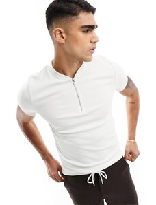 ASOS DESIGN - T-shirt attillata beige a coste con zip argentata-Neutro