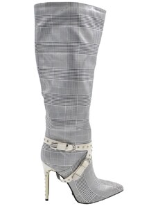 Malu Shoes Stivale alto donna grigio tessuto fantasia pied de poule laminato con tacco a spillo 12cm aderente zip e punta moda