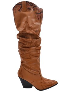 Malu Shoes Stivali camperos donna in ecopelle arricciata cuoio altezza ginocchio con tacco western legno 5cm dettagli animalier zip
