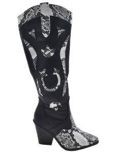 Malu Shoes Stivali camperos donna in ecopelle morbida nera altezza ginocchio con tacco western legno 5cm dettagli animalier zip