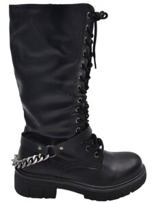 Malu Shoes Stivali donna combat nero anfibio lacci lunghi con catena argento zip laterale suola carrarmato comodi