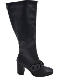 Malu Shoes Stivali donna in pelle nera fondo gomma antiscivolo tacco quadrato 5 cm al ginocchio zip con catena punta quadrata