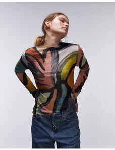 Topshop - Top accollato stropicciato a maniche lunghe con stampa astratta multicolore