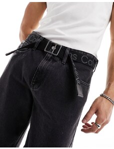 Calvin Klein Jeans - Cintura in pelle intrecciata da 35 mm nera con logo e fibbia passante-Nero
