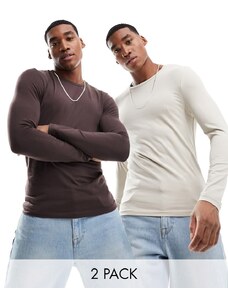 ASOS DESIGN - Confezione risparmio da 2 magliette a maniche lunghe attillate marrone e grigio talpa-Multicolore