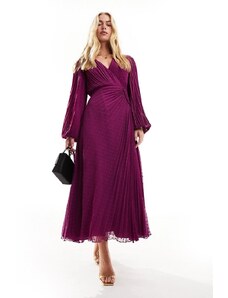 ASOS DESIGN - Vestito lungo avvolgente a pieghe in chiffon plumetis color viola magenta con bottoni