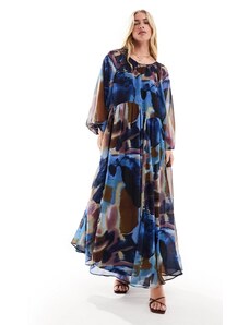 ASOS DESIGN - Vestito grembiule lungo in chiffon viola con stampa astratta e vita ondulata-Multicolore