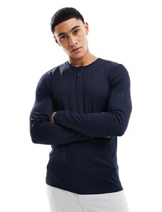 ASOS DESIGN - T-shirt a maniche lunghe blu navy a coste con collo serafino