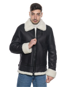 Leather Trend Franco Bis - Giacca Uomo Nero con pelo Bianco in vero montone Shearling