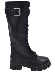Malu Shoes Stivale alto donna anfibio nero gomma platform 4 cm lacci con fibbia regolabile zip moda tendenza street