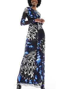 Vero Moda Tall - Vestito lungo a maniche lunghe in tessuto a rete con stampa astratta con farfalle e bordo ondulato-Blu
