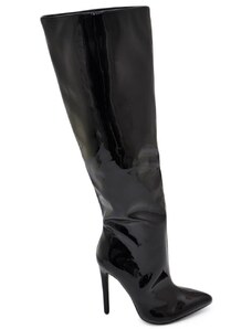 Malu Shoes Stivale alto donna nero a punta lucido vernice effetto calzino con tacco a spillo sottile 12 cm aderente zip moda