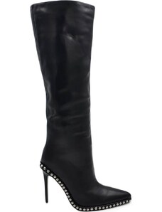 Malu Shoes Stivale alto in pelle nera donna al ginocchio tacco a spillo 15 cm aderente con zip a punta e borchie argento aderente