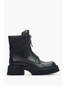 Women's Black Leather Ankle Boots with Decorative Zipper Estro ER00114331