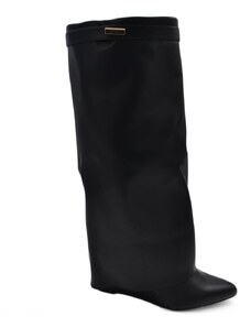 Malu Shoes Stivali donna nero al ginocchio a punta risvolto pezzo di pelle sopra fino a terra zeppa gancio oro shark liscio moda