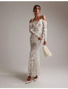 ASOS DESIGN - Vestito da sposa appariscente a sirena color avorio con applicazione in pizzo-Bianco