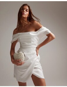 ASOS DESIGN - Vestito da sposa corto in raso avorio con spalle scoperte-Bianco