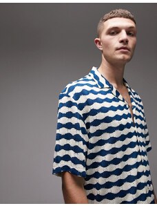 Topman - Camicia a maniche corte blu e bianca all'uncinetto-Multicolore